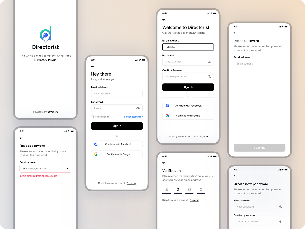 Directorist mobile app onboarding and account screens